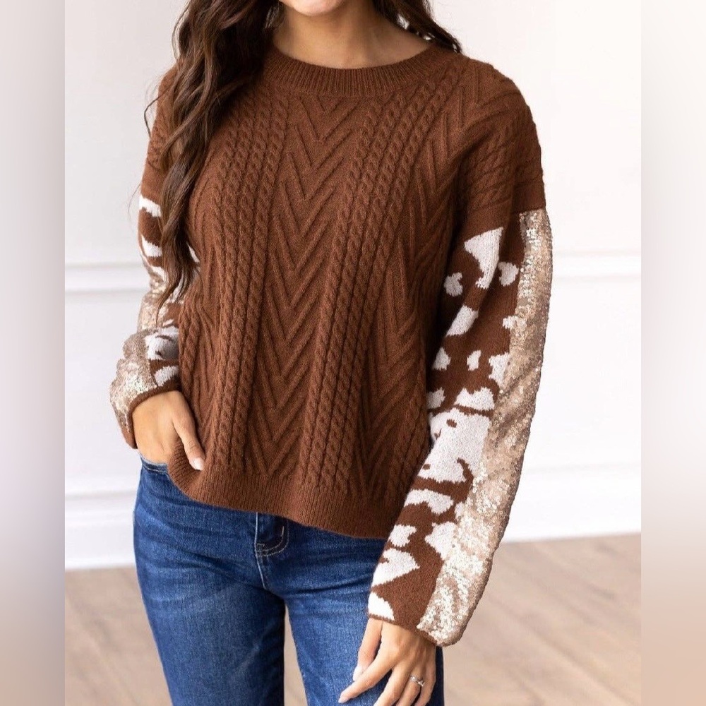 Brown and Cream Cow Print Women's Sweater Size XS New